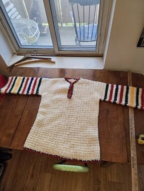 Handmade Crochet Women’s Henley Pullover – Cream with Multi-Colored Stripes – Si